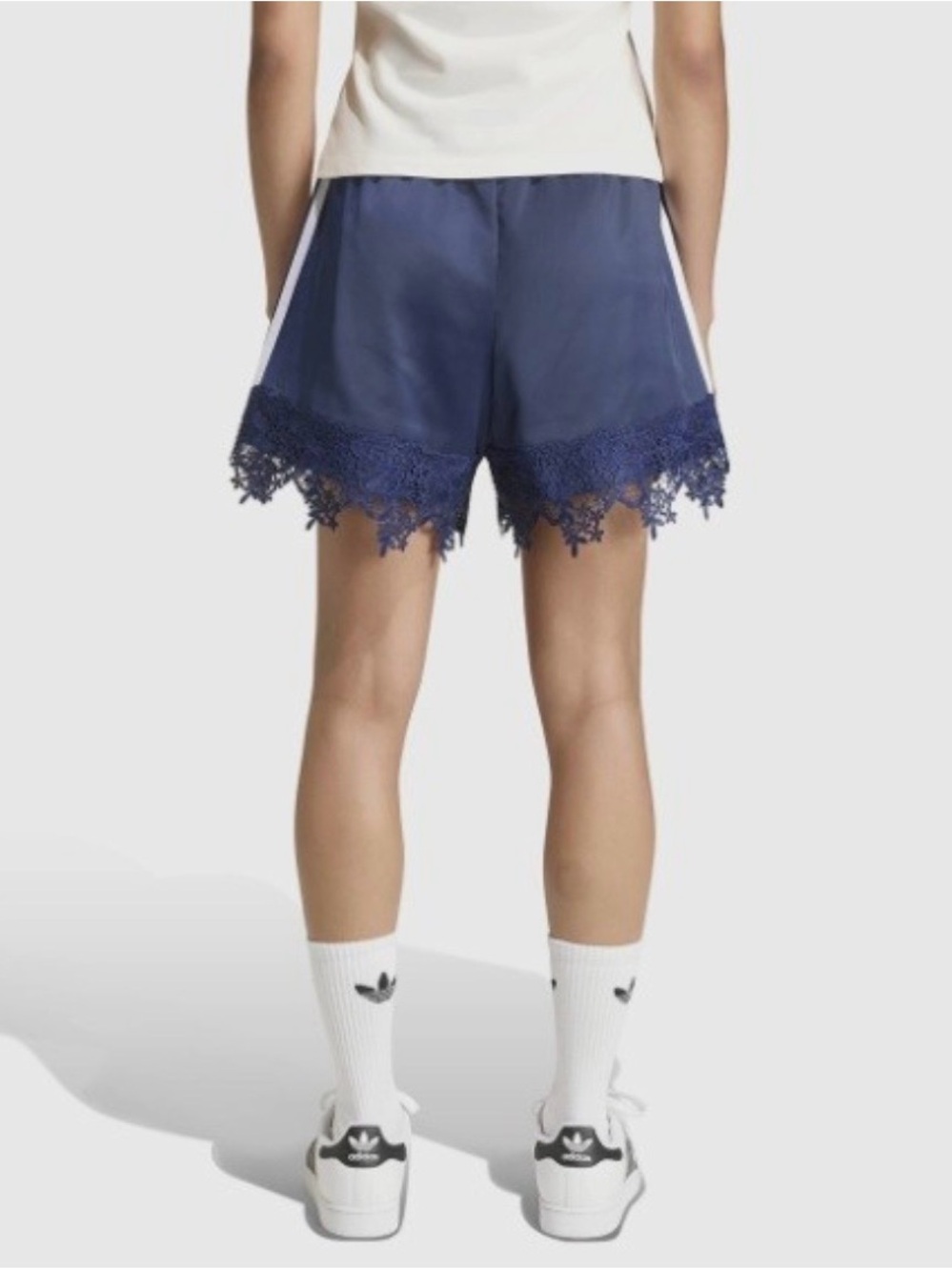 adidas Navy Lace-Trim Athletic Shorts with Three Stripes - Picture 2 of 6
